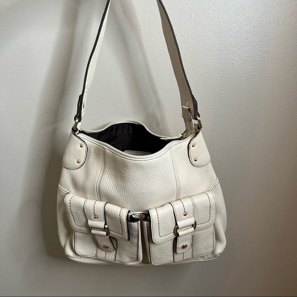 Y2K Cream Leather Fossil Medium Shoulder Handbag Purse